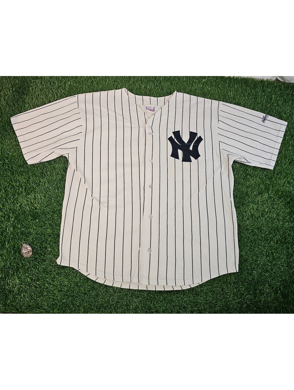 Vintage New York Yankees Pinstripe Baseball Jersey Large Made In USA 90s